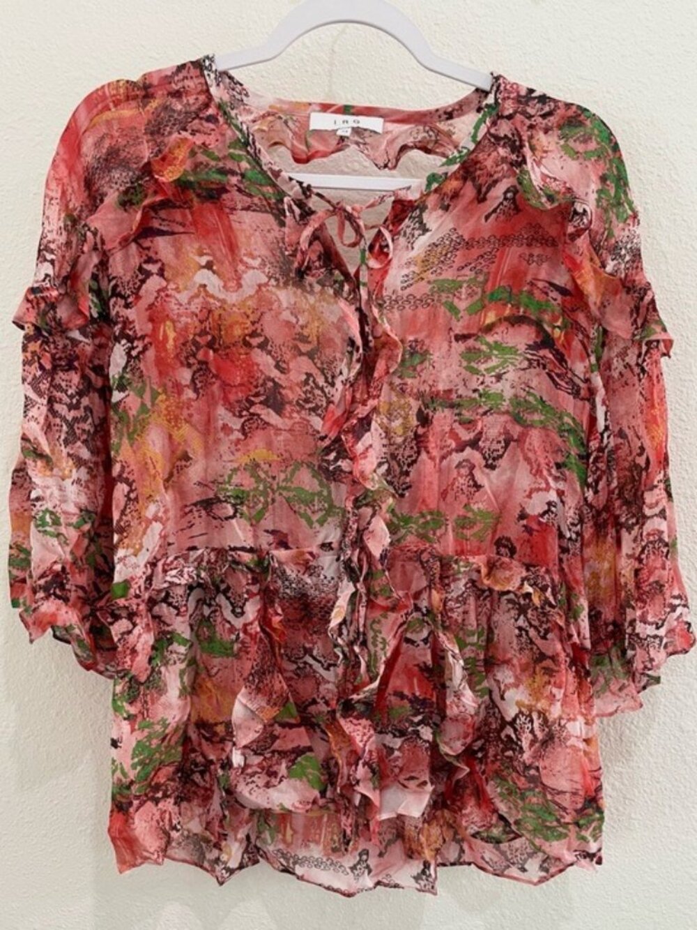 IRO Semi Sheer Ruffle Top Feminine Front Tie Luxury Red Pink
